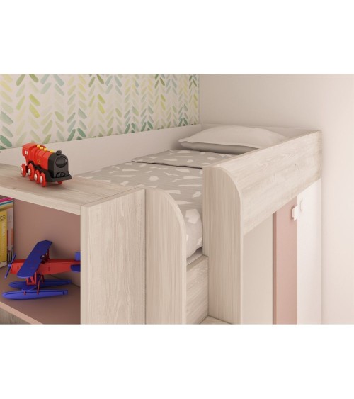 Cameretta 1262 con letto a castello con due cassettoni e armadio reversibile colore bianco consumato e rosa antico