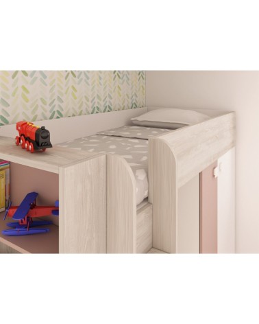 Cameretta 1262 con letto a castello con due cassettoni e armadio reversibile colore bianco consumato e rosa antico