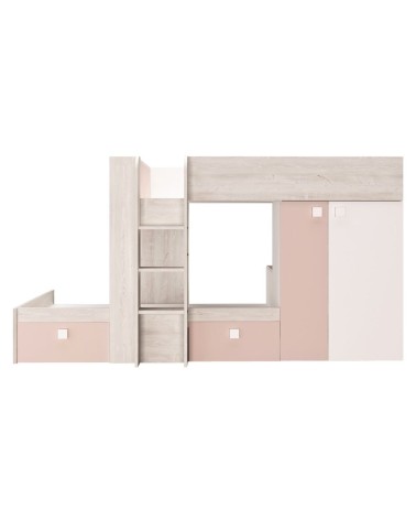 Cameretta 1262 con letto a castello con due cassettoni e armadio reversibile colore bianco consumato e rosa antico