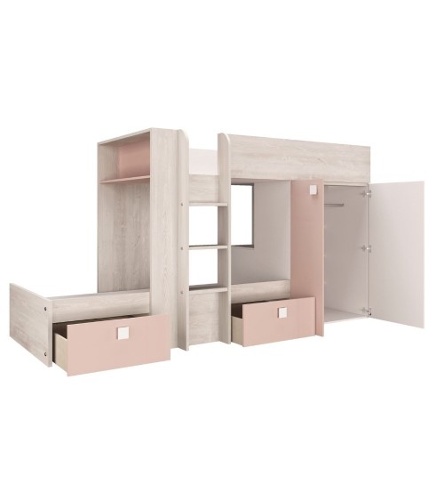 Cameretta 1262 con letto a castello con due cassettoni e armadio reversibile colore bianco consumato e rosa antico