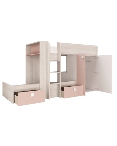 Cameretta 1262 con letto a castello con due cassettoni e armadio reversibile colore bianco consumato e rosa antico