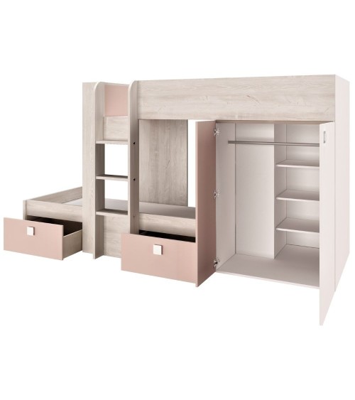 Cameretta 1262 con letto a castello con due cassettoni e armadio reversibile colore bianco consumato e rosa antico