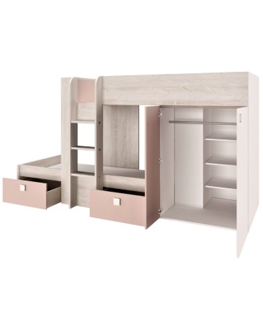 Cameretta 1262 con letto a castello con due cassettoni e armadio reversibile colore bianco consumato e rosa antico