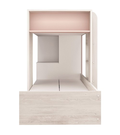 Cameretta 1262 con letto a castello con due cassettoni e armadio reversibile colore bianco consumato e rosa antico