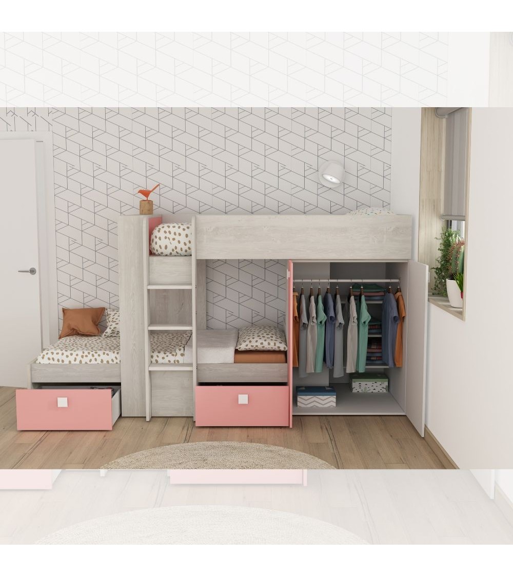 Cameretta 1267 con letto a castello con due cassettoni e armadio reversibile colore bianco consumato e rosa flamingo