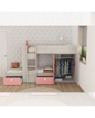 Cameretta 1267 con letto a castello con due cassettoni e armadio reversibile colore bianco consumato e rosa flamingo