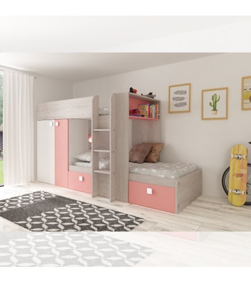 Cameretta 1267 con letto a castello con due cassettoni e armadio reversibile colore bianco consumato e rosa flamingo