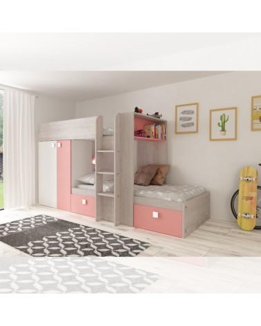 Cameretta 1267 con letto a castello con due cassettoni e armadio reversibile colore bianco consumato e rosa flamingo