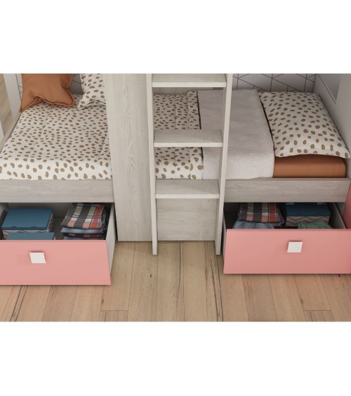 Cameretta 1267 con letto a castello con due cassettoni e armadio reversibile colore bianco consumato e rosa flamingo