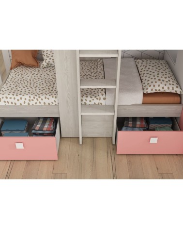 Cameretta 1267 con letto a castello con due cassettoni e armadio reversibile colore bianco consumato e rosa flamingo