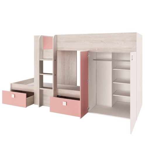 Cameretta 1267 con letto a castello con due cassettoni e armadio reversibile colore bianco consumato e rosa flamingo