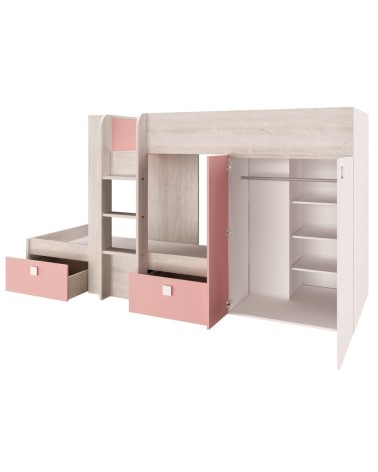Cameretta 1267 con letto a castello con due cassettoni e armadio reversibile colore bianco consumato e rosa flamingo