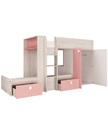 Cameretta 1267 con letto a castello con due cassettoni e armadio reversibile colore bianco consumato e rosa flamingo