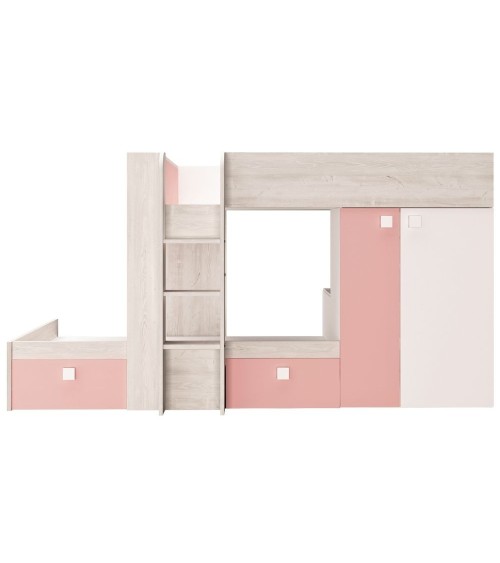 Cameretta 1267 con letto a castello con due cassettoni e armadio reversibile colore bianco consumato e rosa flamingo