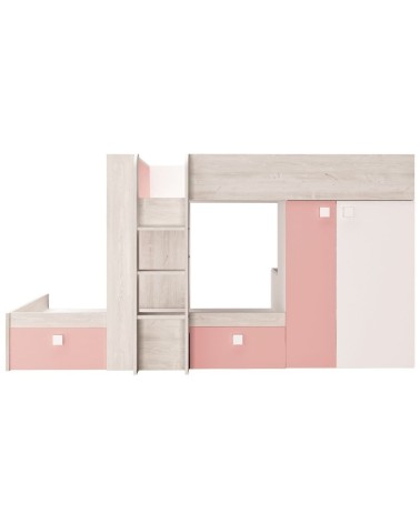 Cameretta 1267 con letto a castello con due cassettoni e armadio reversibile colore bianco consumato e rosa flamingo