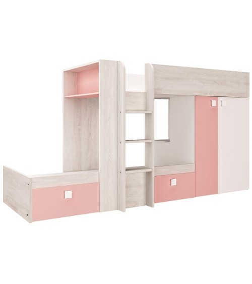 Cameretta 1267 con letto a castello con due cassettoni e armadio reversibile colore bianco consumato e rosa flamingo