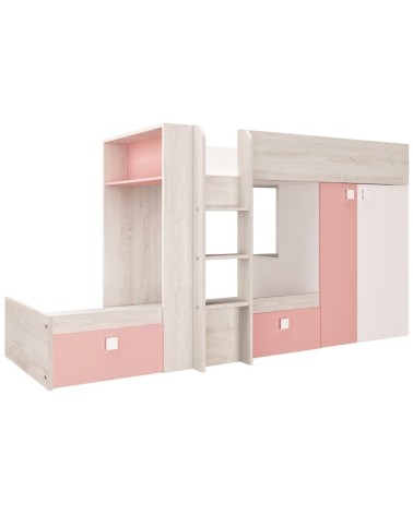 Cameretta 1267 con letto a castello con due cassettoni e armadio reversibile colore bianco consumato e rosa flamingo