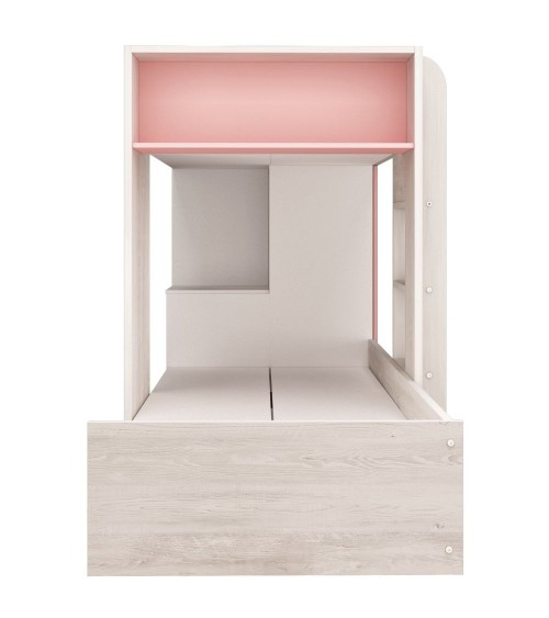 Cameretta 1267 con letto a castello con due cassettoni e armadio reversibile colore bianco consumato e rosa flamingo