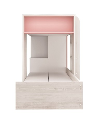 Cameretta 1267 con letto a castello con due cassettoni e armadio reversibile colore bianco consumato e rosa flamingo