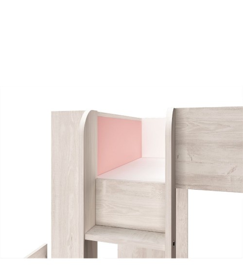Cameretta 1267 con letto a castello con due cassettoni e armadio reversibile colore bianco consumato e rosa flamingo