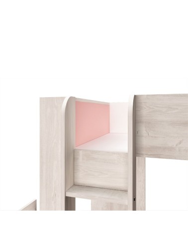 Cameretta 1267 con letto a castello con due cassettoni e armadio reversibile colore bianco consumato e rosa flamingo