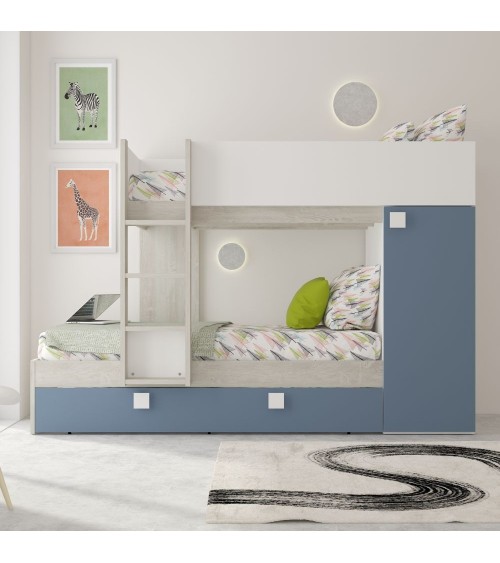 Cameretta con letto a castello e letto estraibile con armadio integrato colore bianco consumato e azzurro reversibile