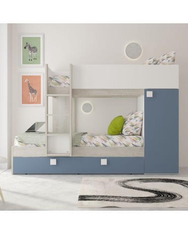 Cameretta con letto a castello e letto estraibile con armadio integrato colore bianco consumato e azzurro reversibile
