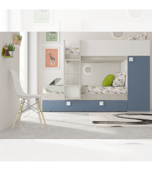 Cameretta con letto a castello e letto estraibile con armadio integrato colore bianco consumato e azzurro reversibile