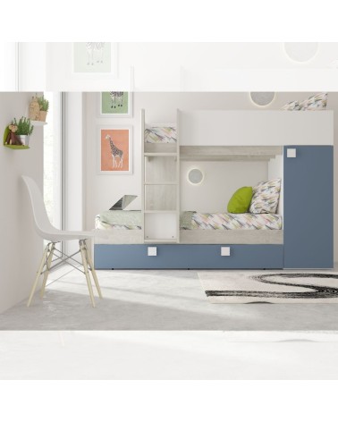 Cameretta con letto a castello e letto estraibile con armadio integrato colore bianco consumato e azzurro reversibile