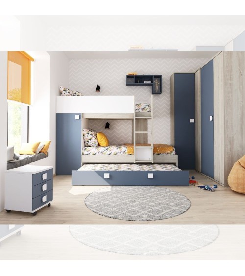 Cameretta con letto a castello e letto estraibile con armadio integrato colore bianco consumato e azzurro reversibile