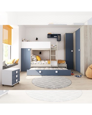 Cameretta con letto a castello e letto estraibile con armadio integrato colore bianco consumato e azzurro reversibile
