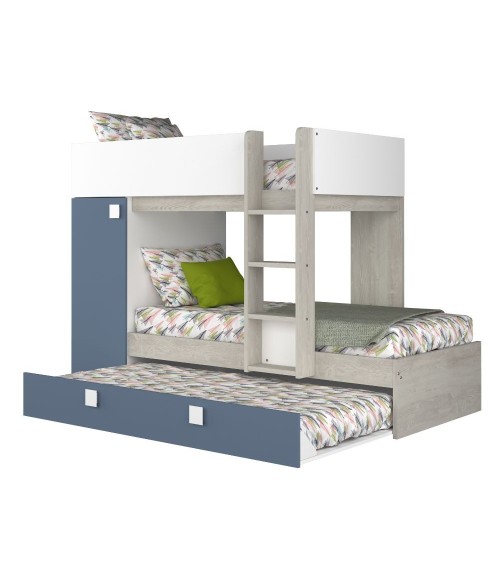 Cameretta con letto a castello e letto estraibile con armadio integrato colore bianco consumato e azzurro reversibile