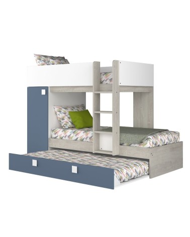 Cameretta con letto a castello e letto estraibile con armadio integrato colore bianco consumato e azzurro reversibile