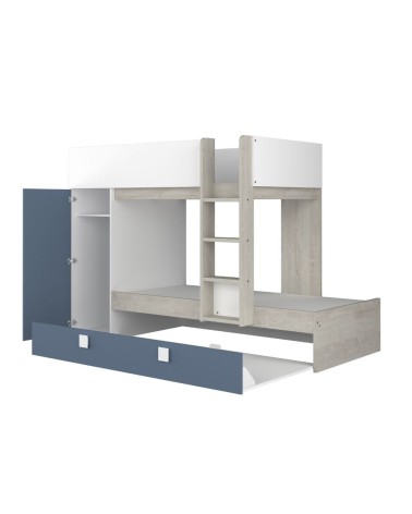 Cameretta con letto a castello e letto estraibile con armadio integrato colore bianco consumato e azzurro reversibile
