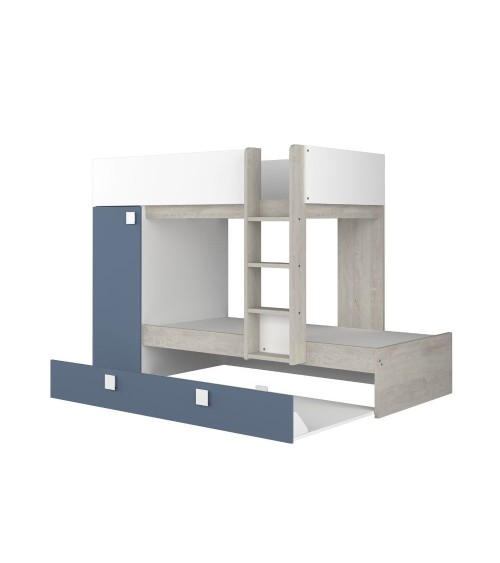 Cameretta con letto a castello e letto estraibile con armadio integrato colore bianco consumato e azzurro reversibile