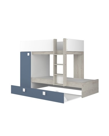 Cameretta con letto a castello e letto estraibile con armadio integrato colore bianco consumato e azzurro reversibile