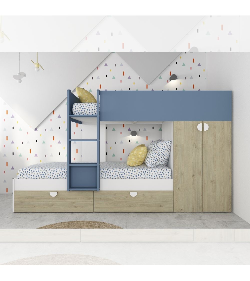 Cameretta con letto a castello con cassettoni e armadio reversibile colore rovere e azzurro