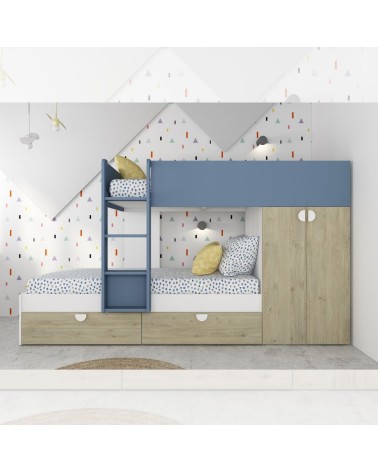 Cameretta con letto a castello con cassettoni e armadio reversibile colore rovere e azzurro