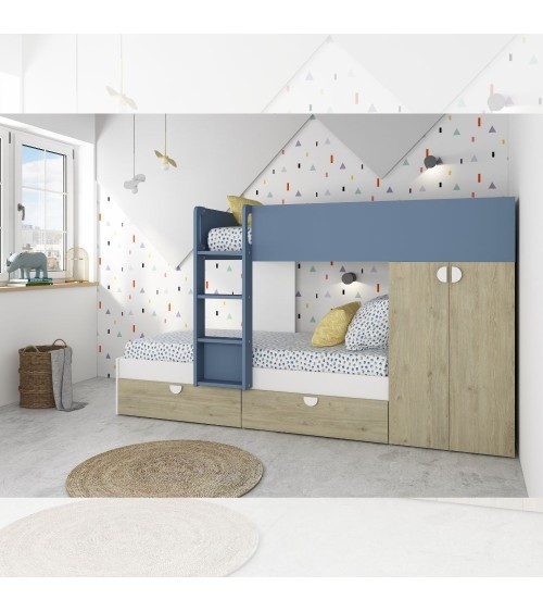 Cameretta con letto a castello con cassettoni e armadio reversibile colore rovere e azzurro