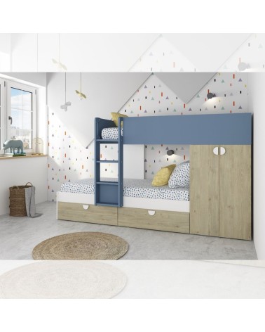 Cameretta con letto a castello con cassettoni e armadio reversibile colore rovere e azzurro