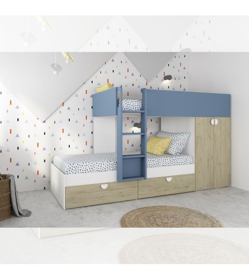 Cameretta con letto a castello con cassettoni e armadio reversibile colore rovere e azzurro