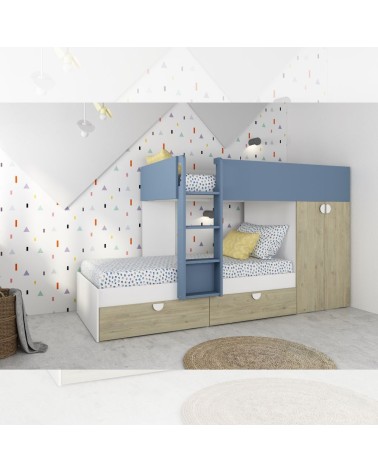 Cameretta con letto a castello con cassettoni e armadio reversibile colore rovere e azzurro