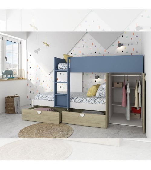 Cameretta con letto a castello con cassettoni e armadio reversibile colore rovere e azzurro
