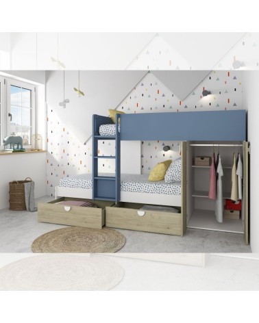 Cameretta con letto a castello con cassettoni e armadio reversibile colore rovere e azzurro