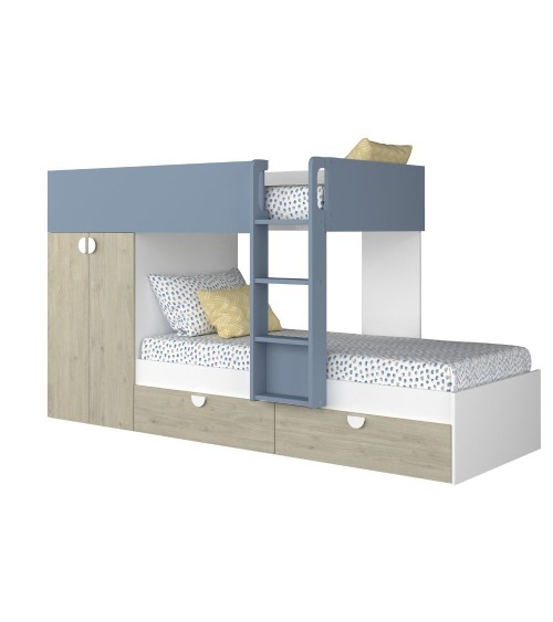 Cameretta con letto a castello con cassettoni e armadio reversibile colore rovere e azzurro