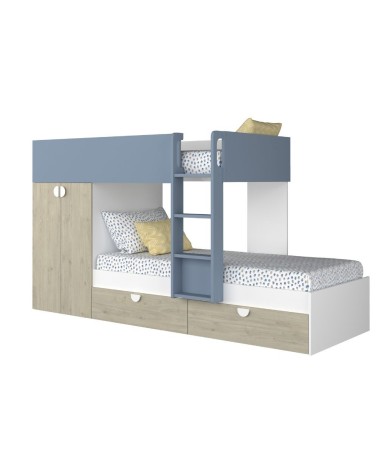 Cameretta con letto a castello con cassettoni e armadio reversibile colore rovere e azzurro