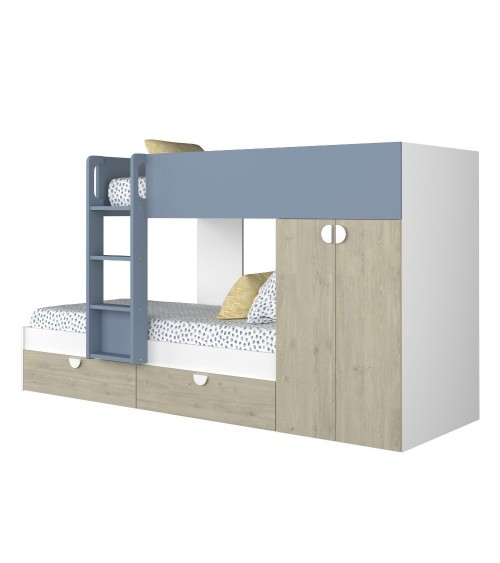 Cameretta con letto a castello con cassettoni e armadio reversibile colore rovere e azzurro