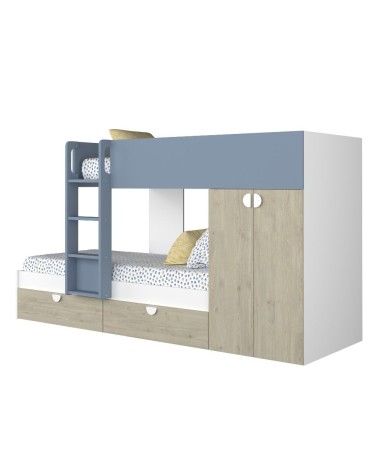 Cameretta con letto a castello con cassettoni e armadio reversibile colore rovere e azzurro