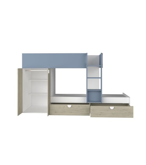 Cameretta con letto a castello con cassettoni e armadio reversibile colore rovere e azzurro