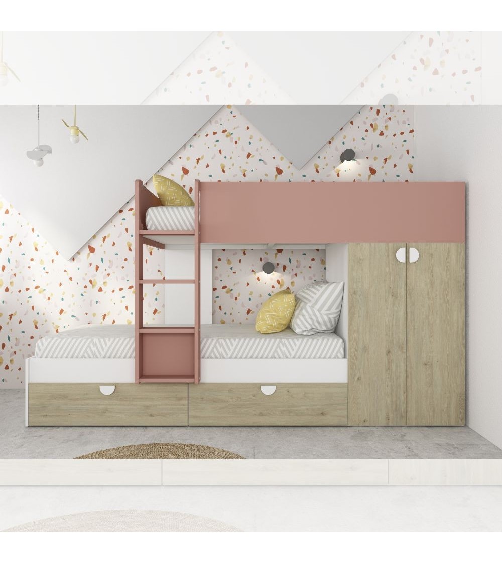 Cameretta con letto a castello con cassettoni e armadio reversibile colore rovere e rosa antico